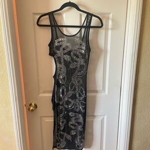 AKIRA Black Mesh Silver Rhinestone Dress